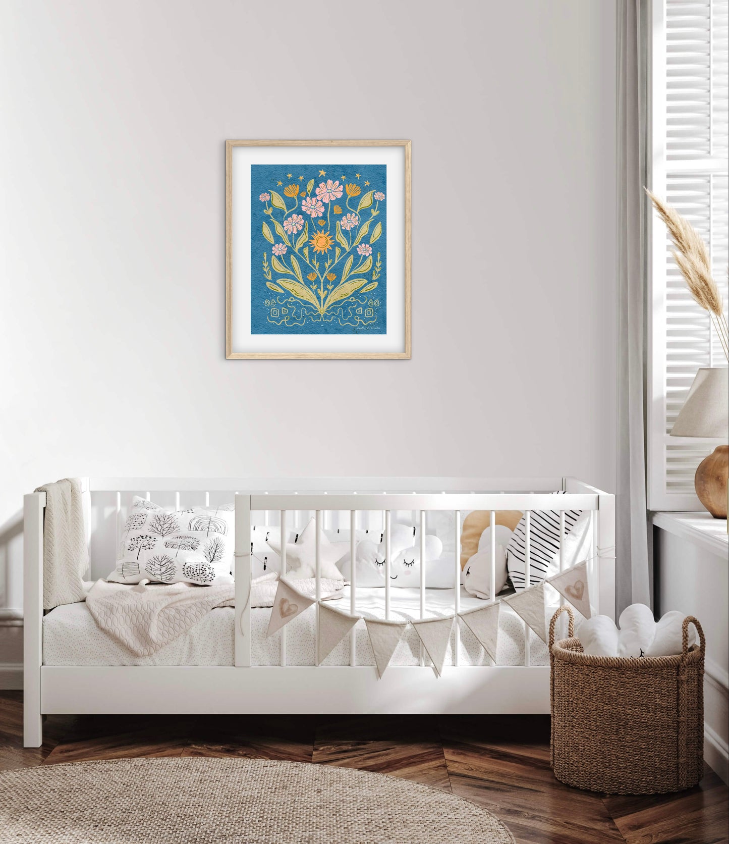 Daisies and Stars Folk Art Print – Botanical Wall Art, Multicolored Flowers with Blue Background