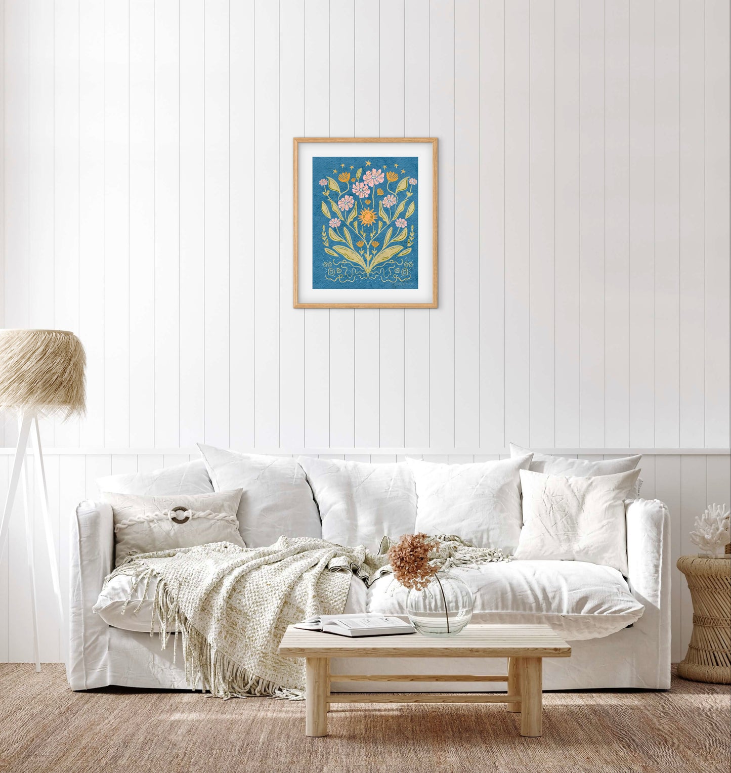Daisies and Stars Folk Art Print – Botanical Wall Art, Multicolored Flowers with Blue Background