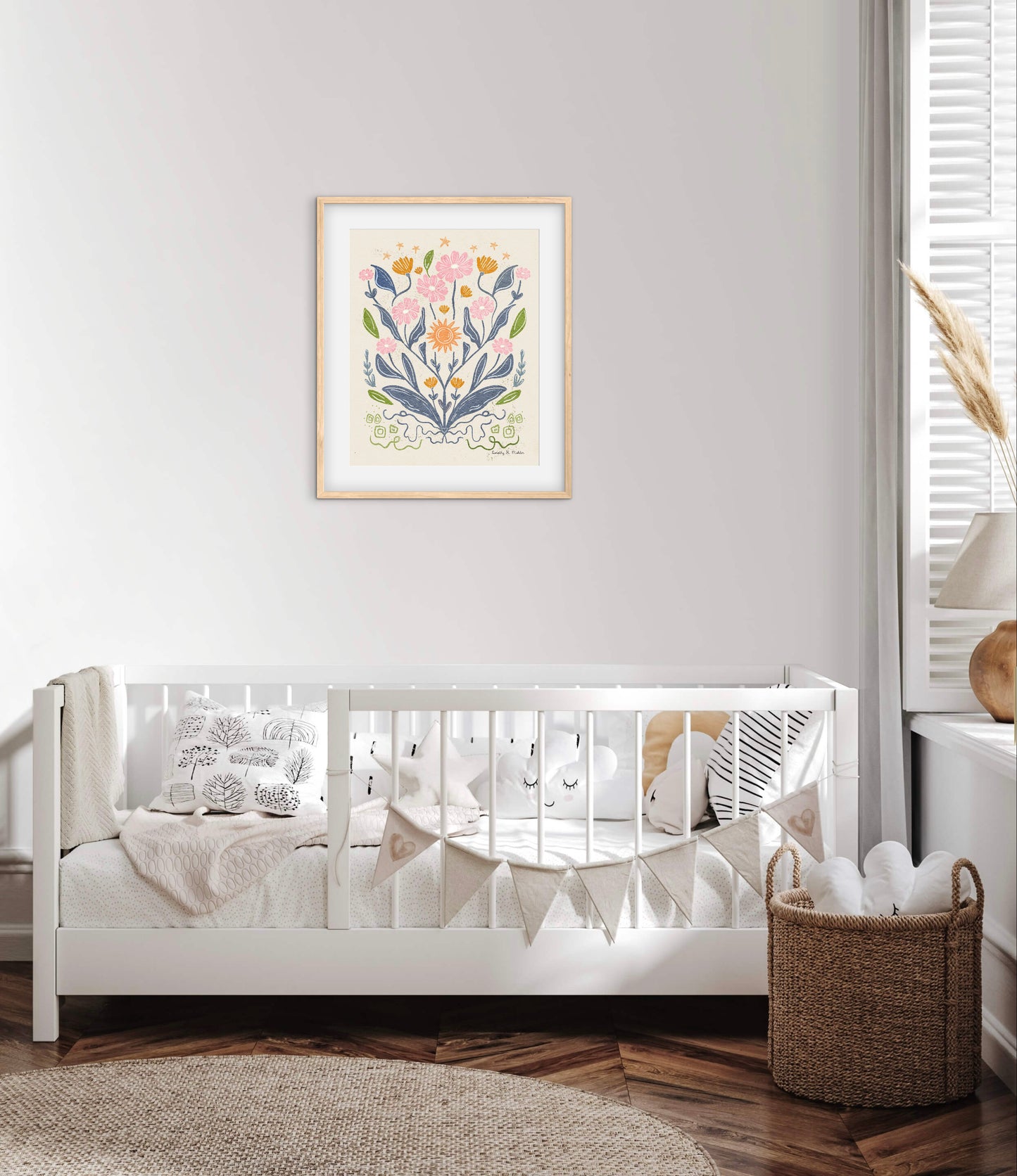 Daisies and Stars Folk Art Print – Botanical Wall Art, Multicolored Flowers with Cream Background