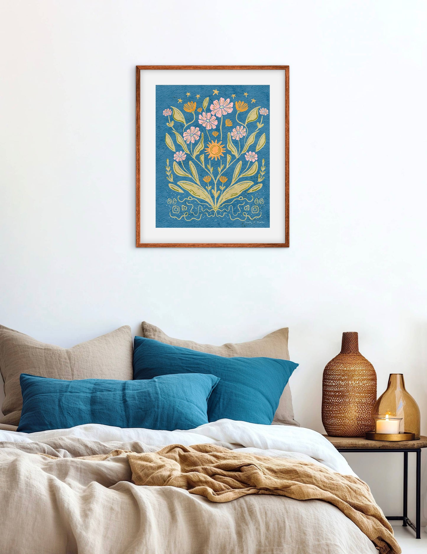 Daisies and Stars Folk Art Print – Botanical Wall Art, Multicolored Flowers with Blue Background